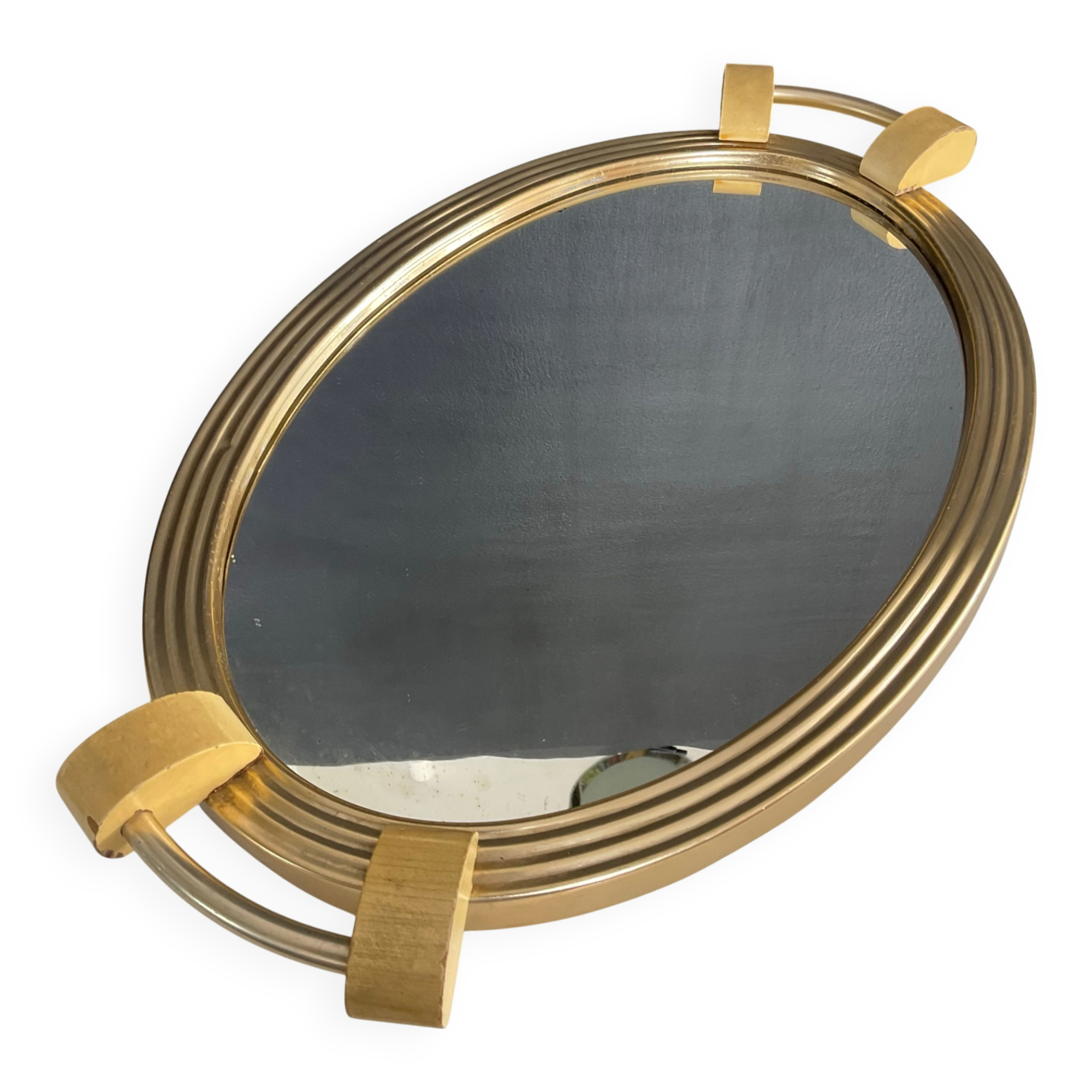 Plateau Art déco en aluminium doré bois et miroir