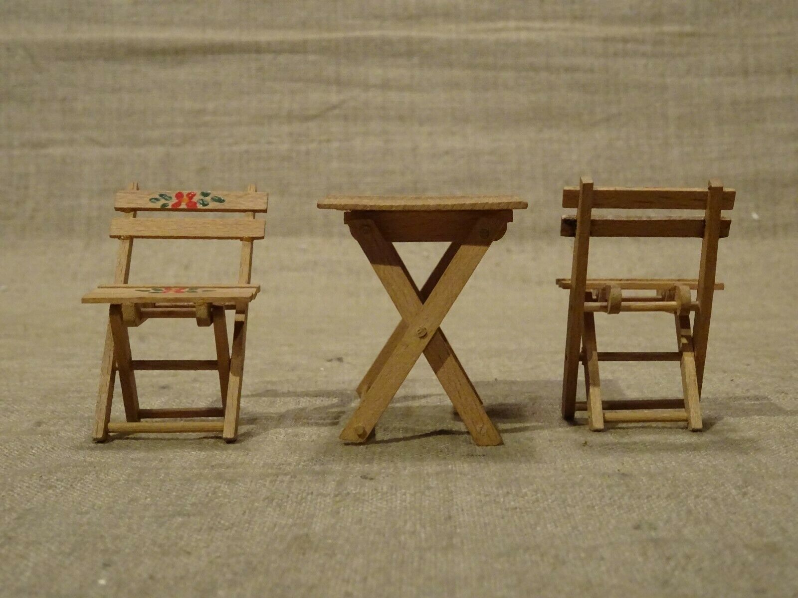 Old miniature doll table furniture and 2 folding garden furniture chairs