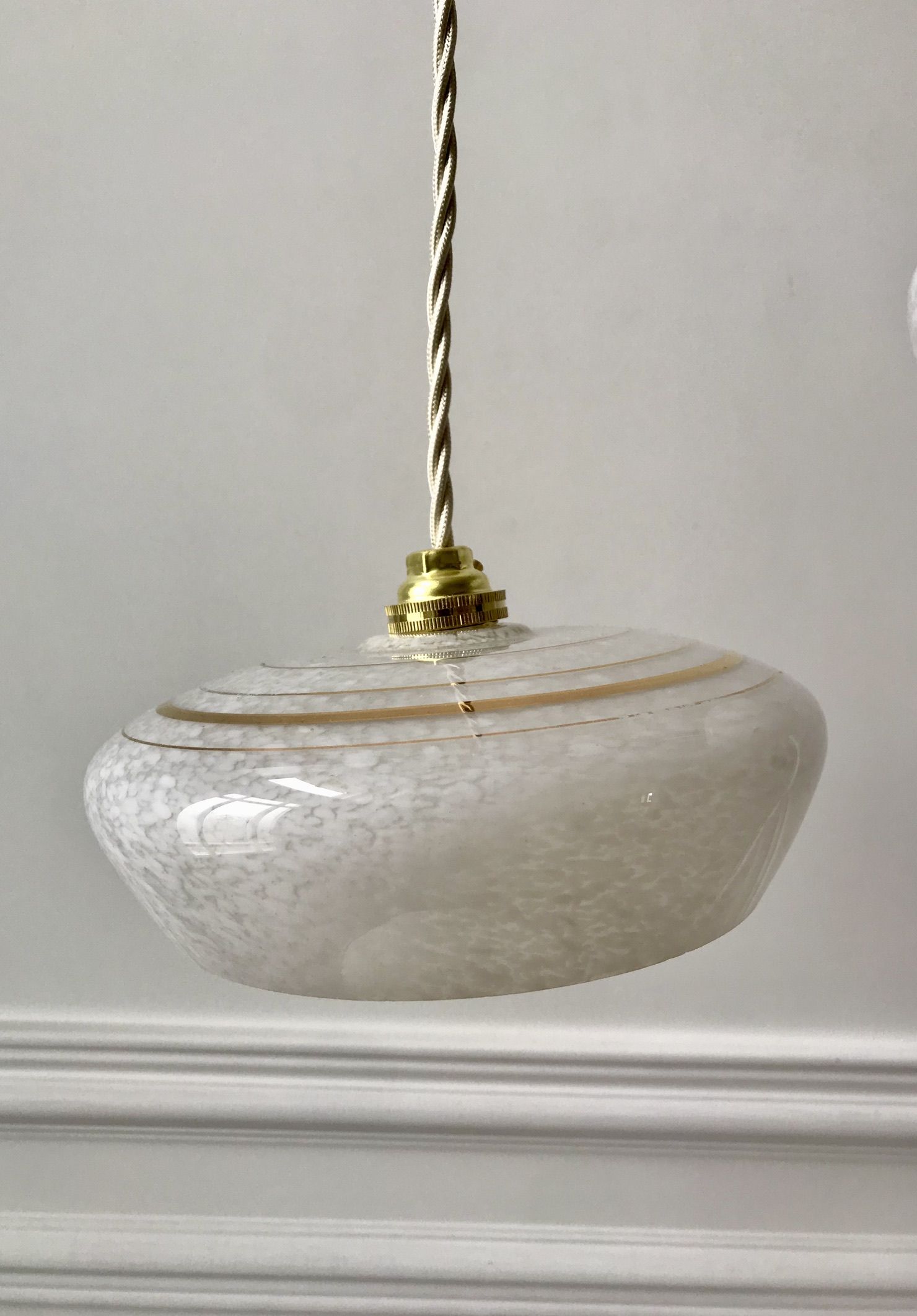 Pair of suspensions in white Clichy glass and golden edging 40s-50s