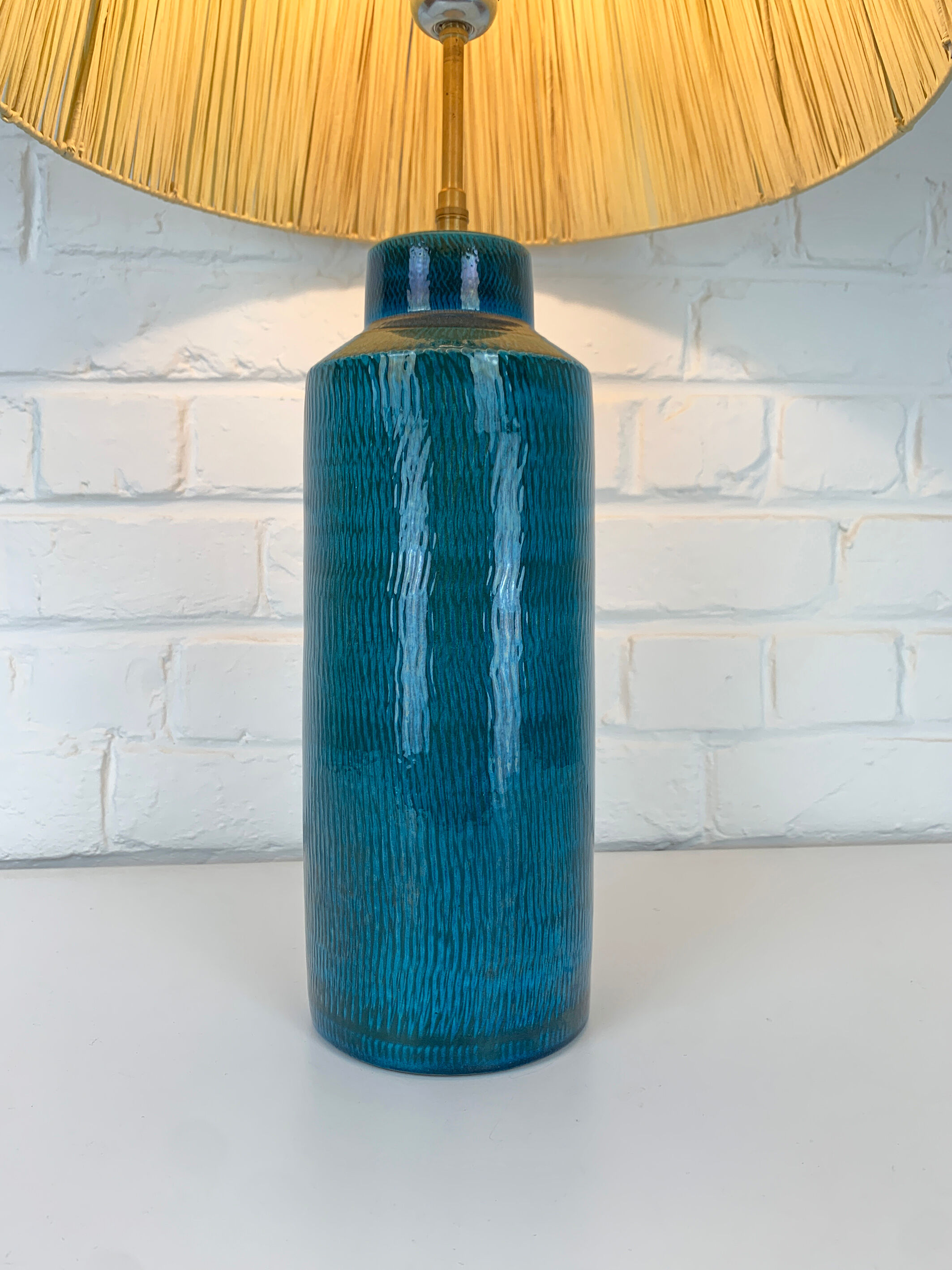 Scandinavian ceramic table lamp, raffia lampshade, Nymølle pottery, Denmark 1960s