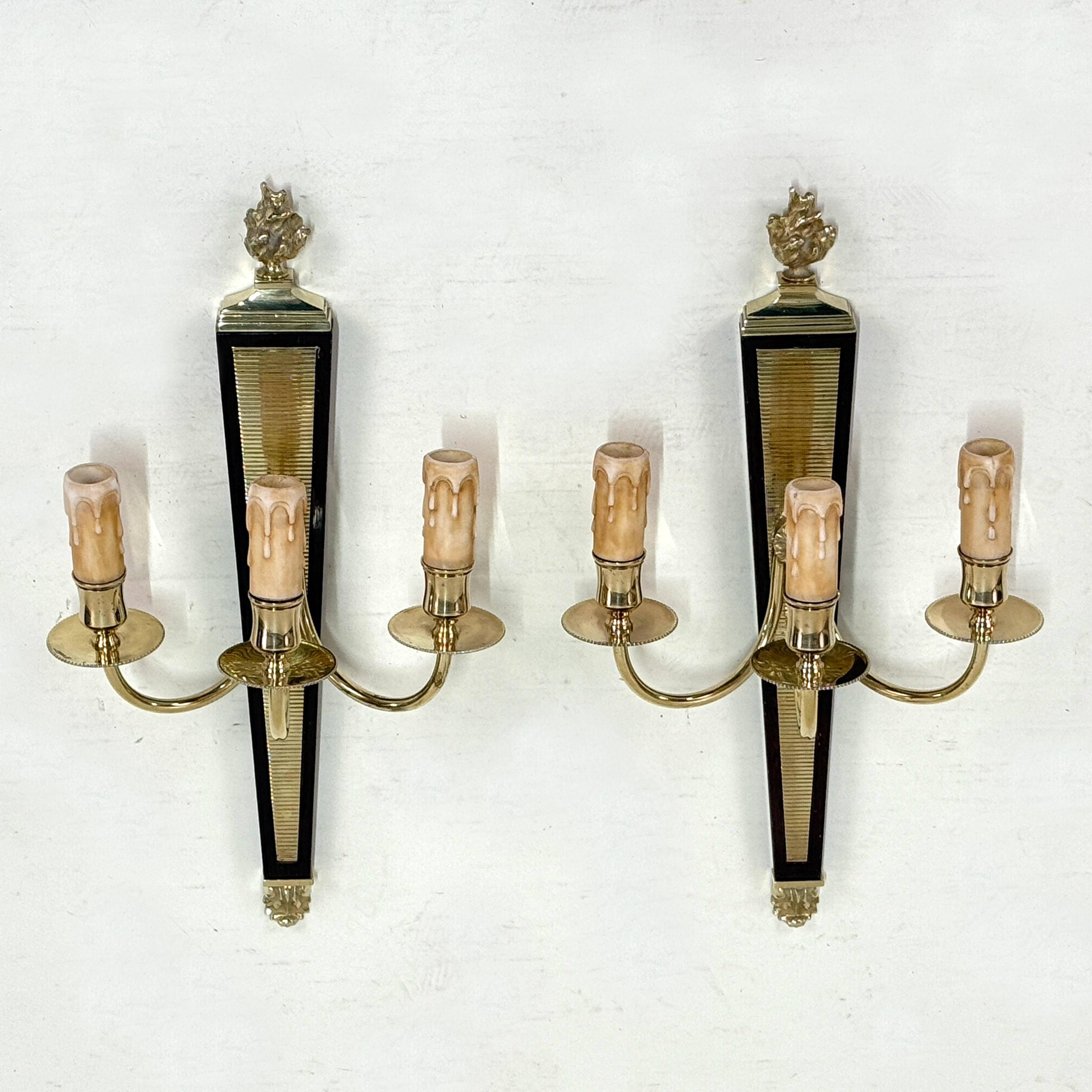 Antique Pair of 3-Light Wall Lights - Gilt Bronze and Mahogany - Neoclassical - 40's