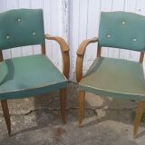 Paire de fauteuils bridge en skaï vert 1960