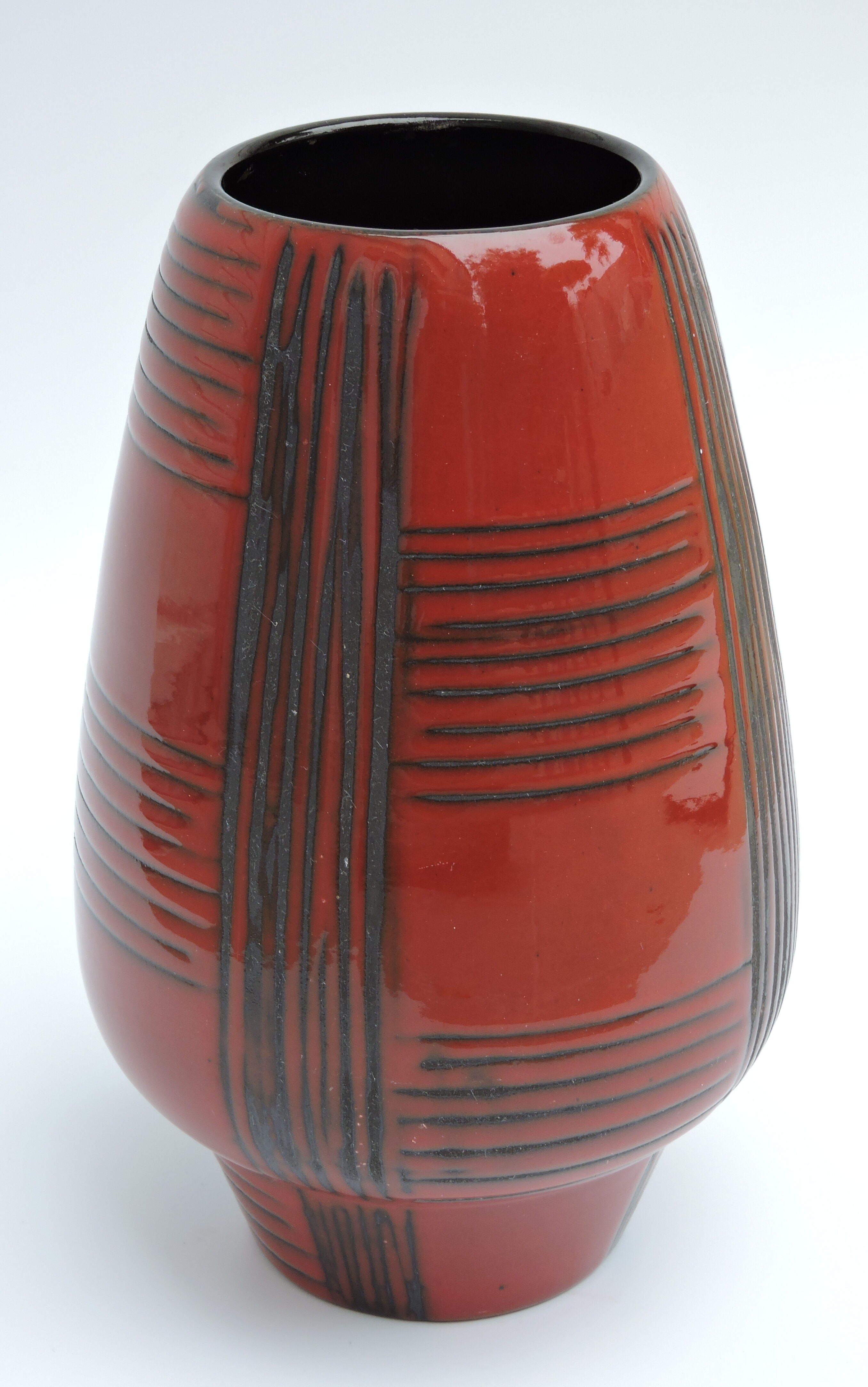 Vintage red ceramic vase scarified decoration elchinger 50' signed