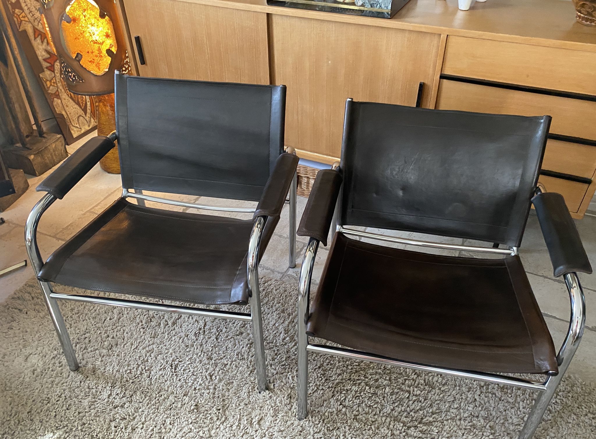 Pair of Klinte armchairs, Tord Bjorklund style, in brown leather, 1980