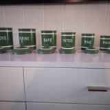 Set of 6 old enamelled jars with 6 trundle lids