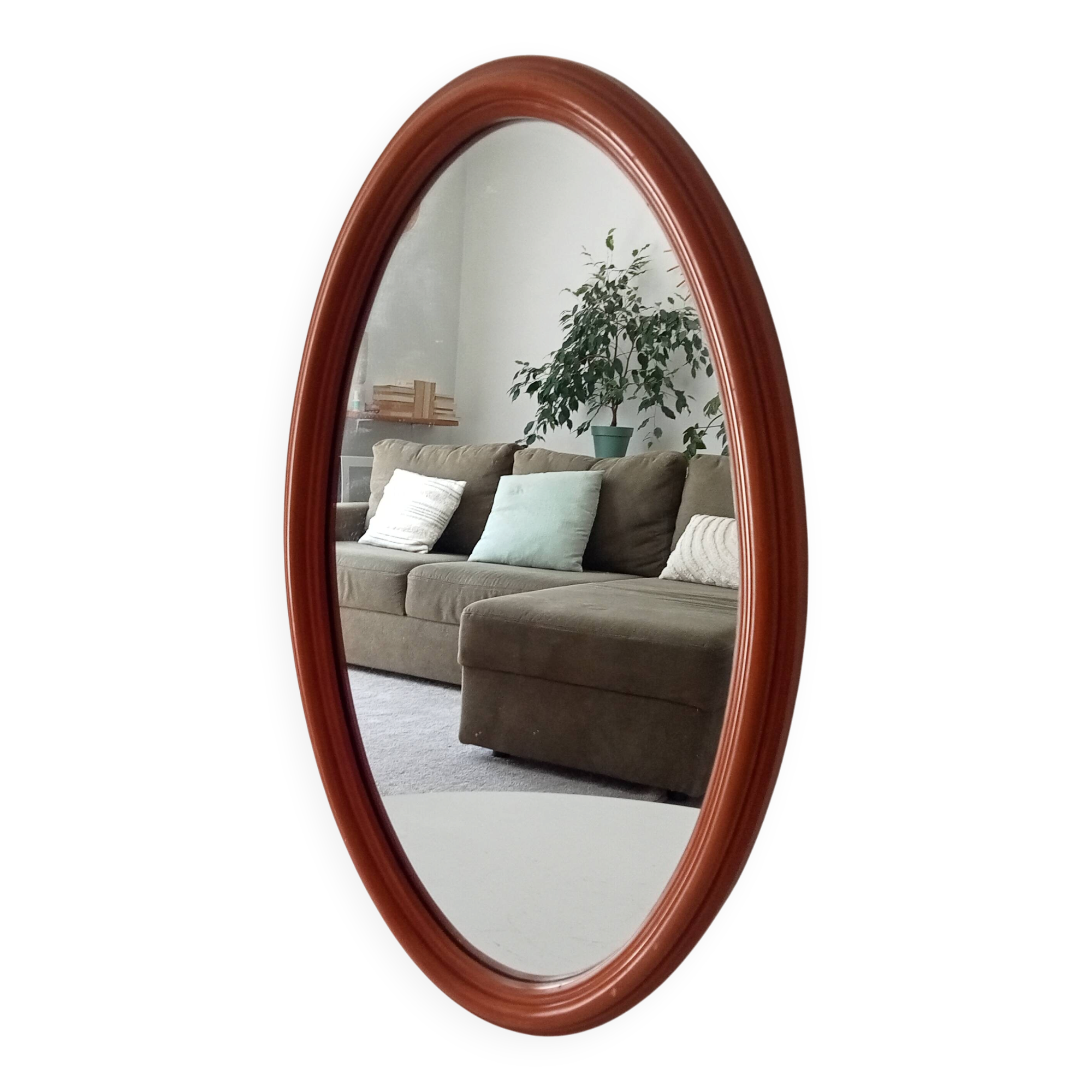 Vintage oval wooden mirror "caramel" from the 1960s.