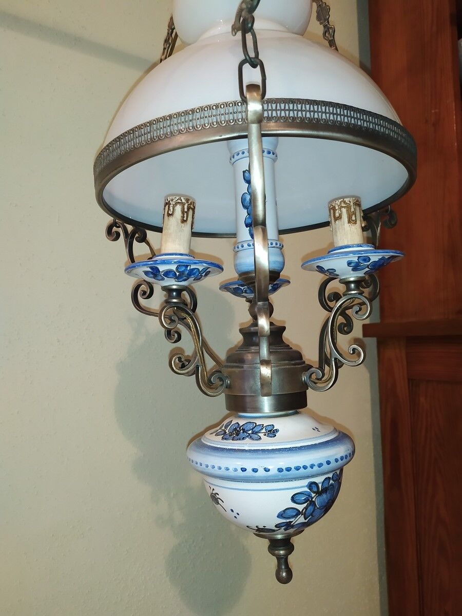 Opaline white porcelain blue 3 branch hanging lamp