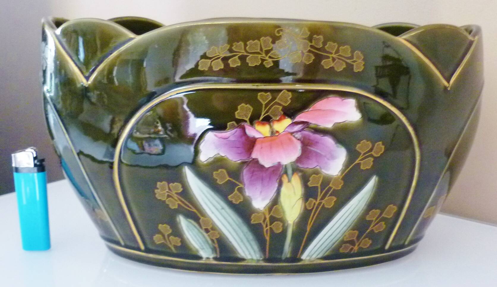 Planter, art nouveau, iris, enameled ceramic, signed Gustave De Bruyn, Fives-Lille