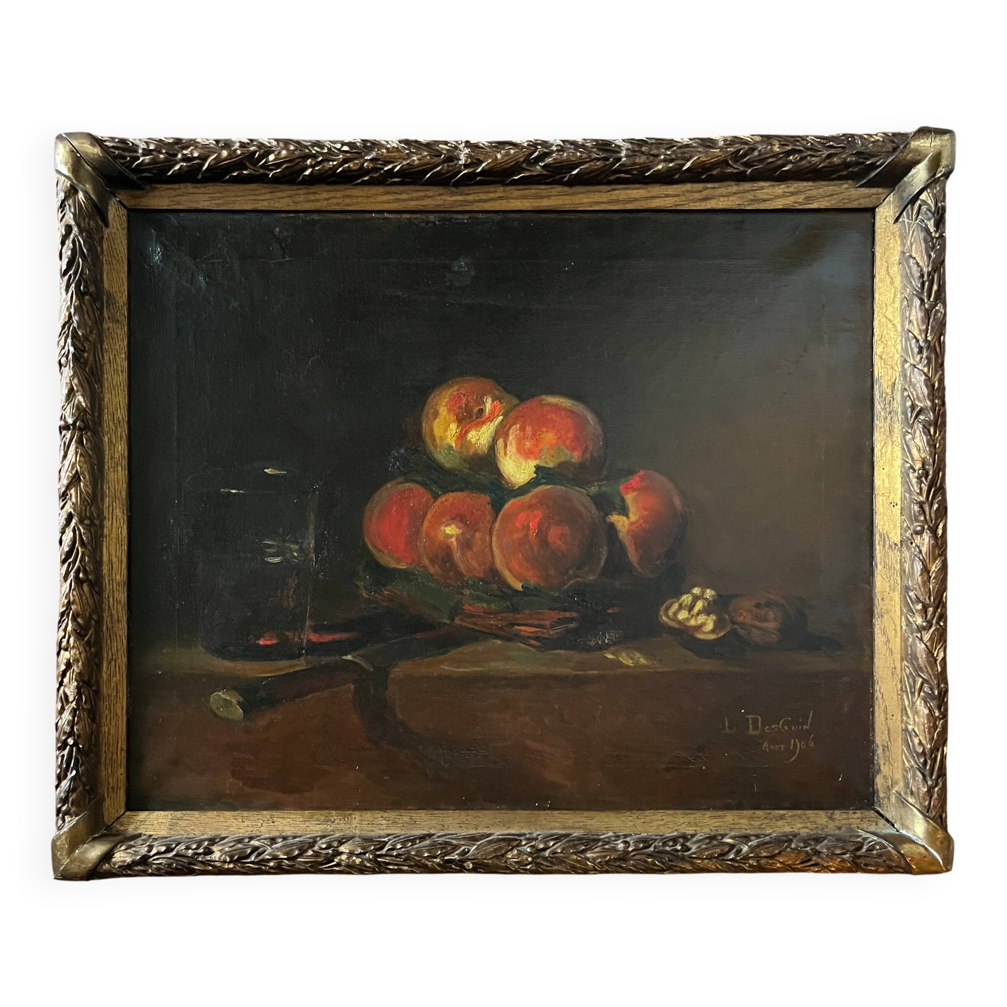 Tableau HST "Nature morte aux pêches" L. DesGuin 1907