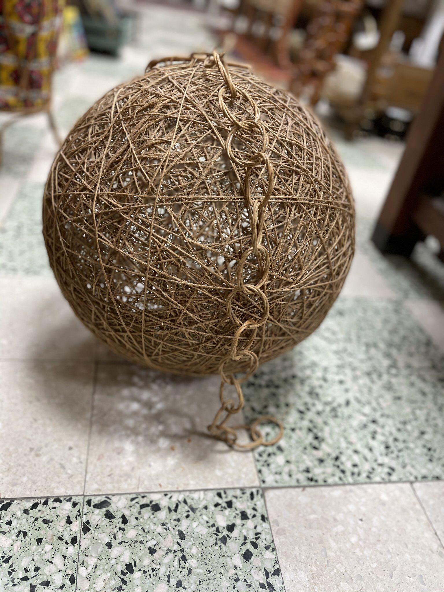 Suspension ball fixture vintage rattan-style twine
