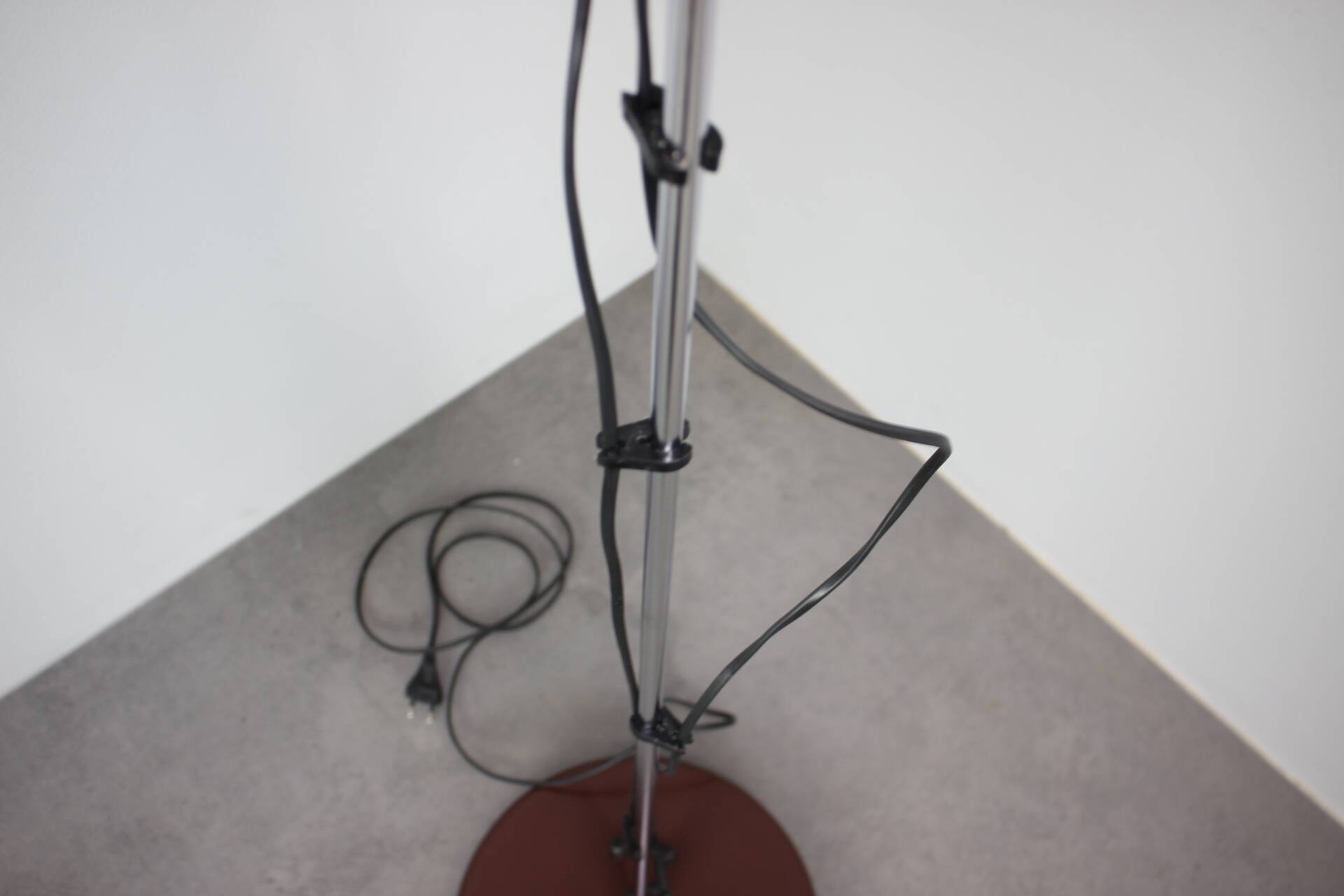 Vintage Hungarian adjustable floor lamp with two orange globe shades, circa 1970.