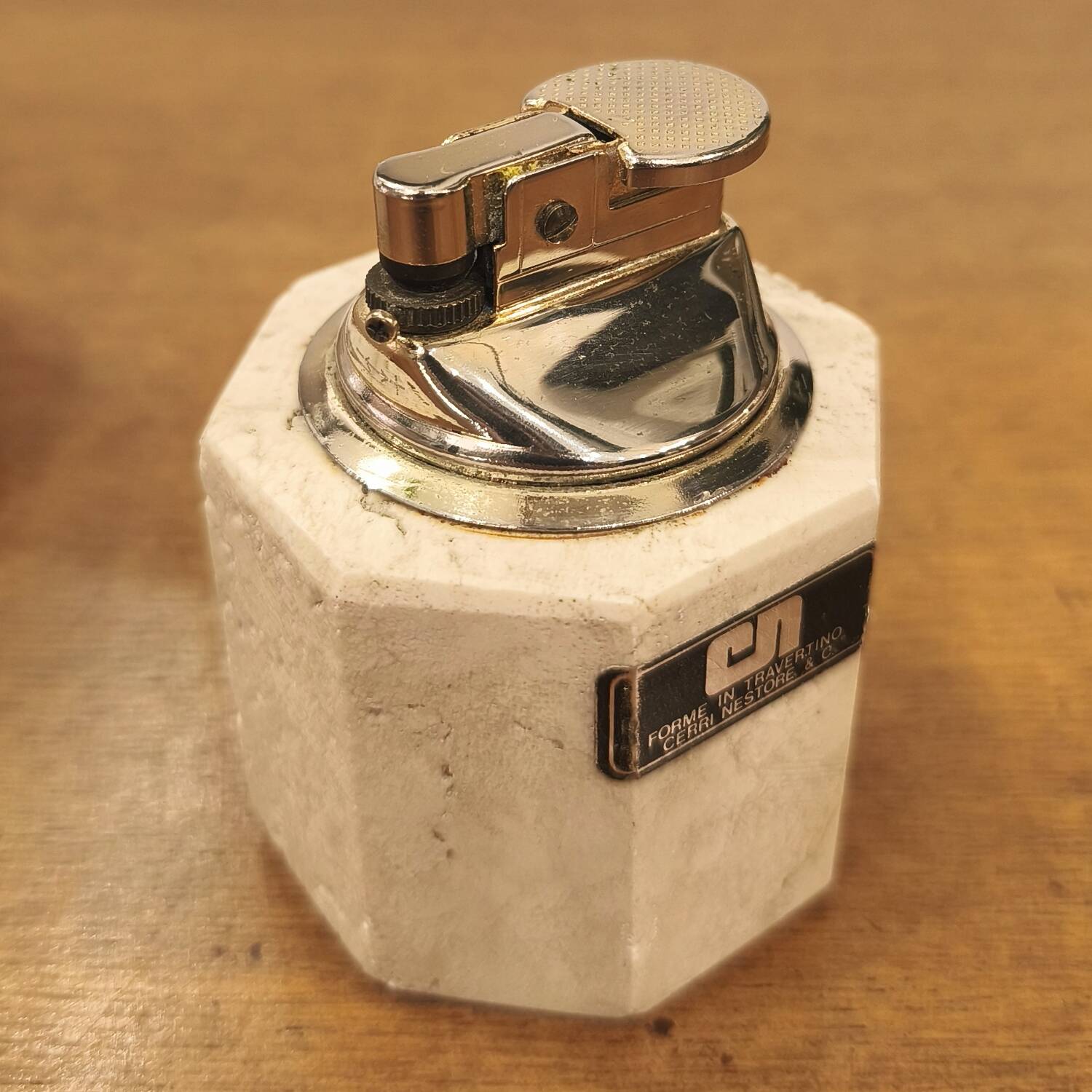 Travertine ashtray and lighter, design by Cerri Nestore, 1970.
