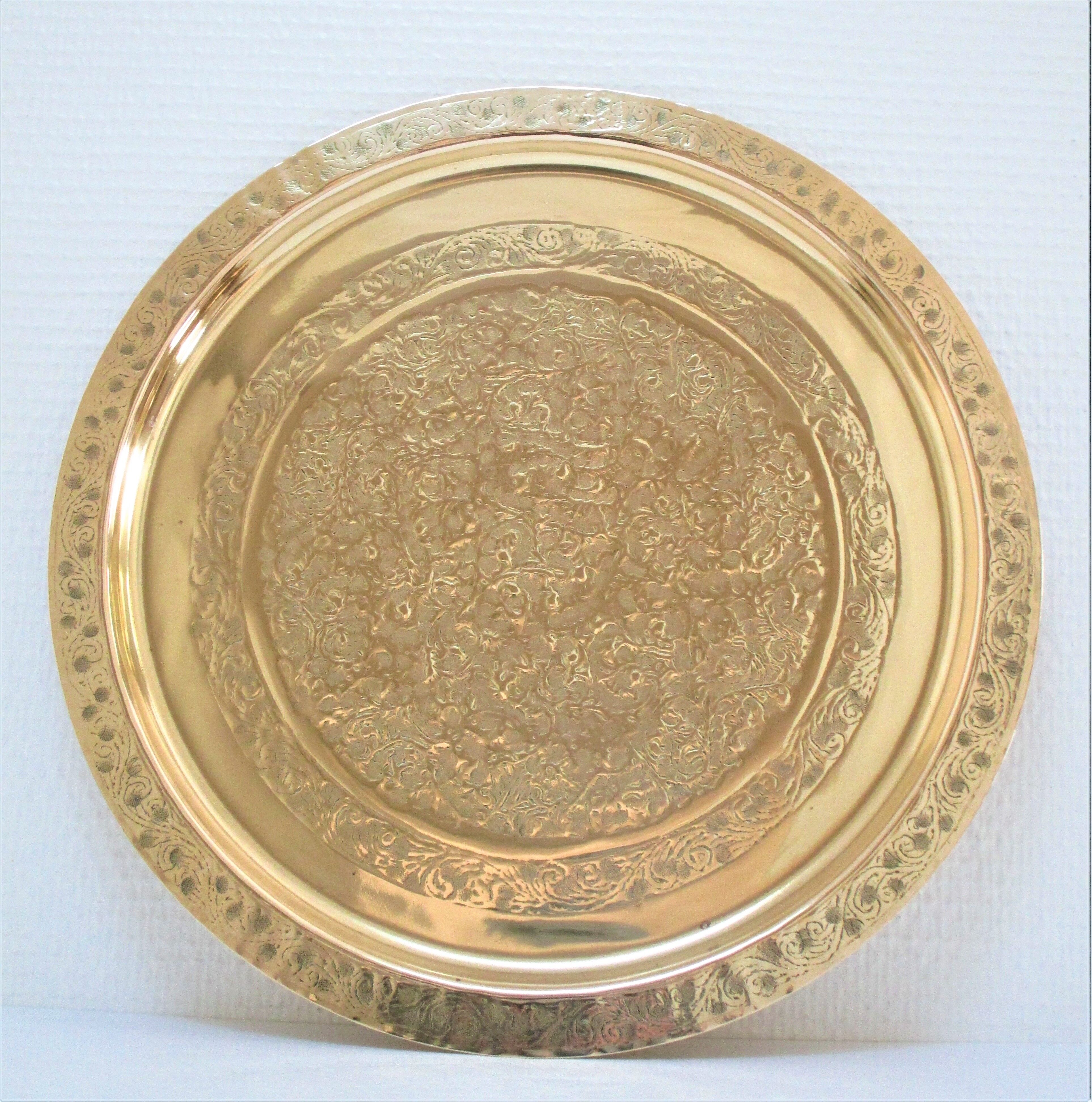 Oriental brass tray floral decoration signed