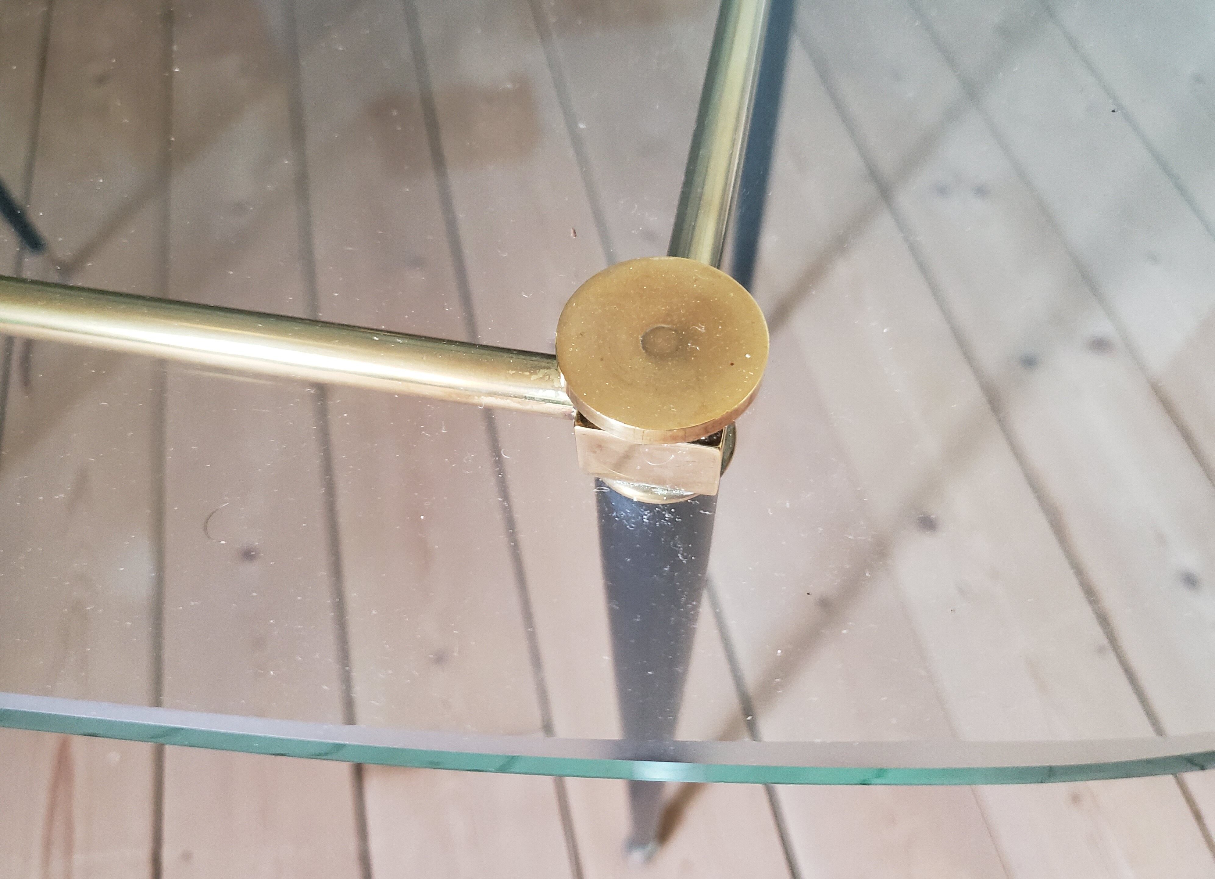 60's glass, metal and brass coffee table