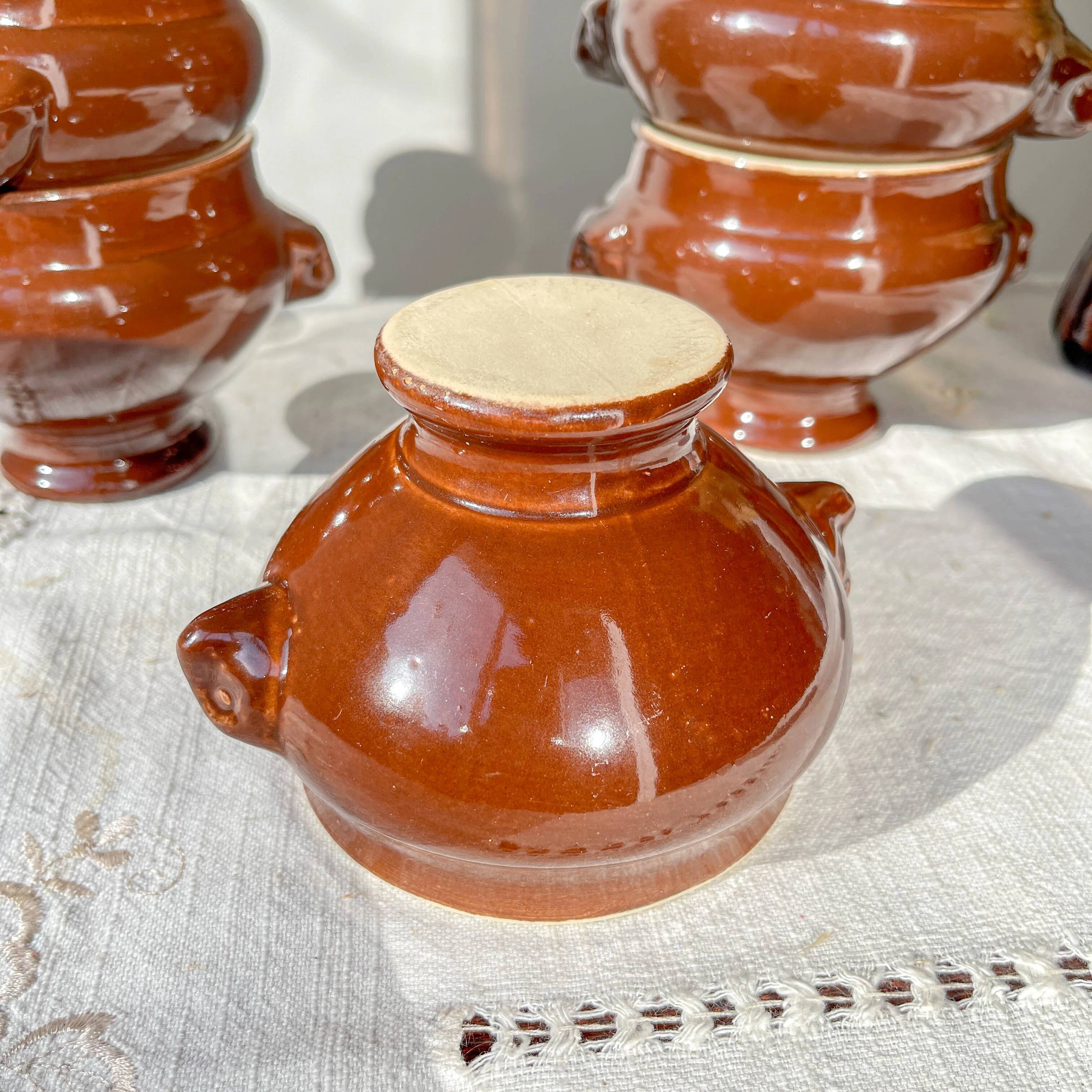 7 vintage Emile Henry ceramic lion head onion soup bowls - brown, made in France