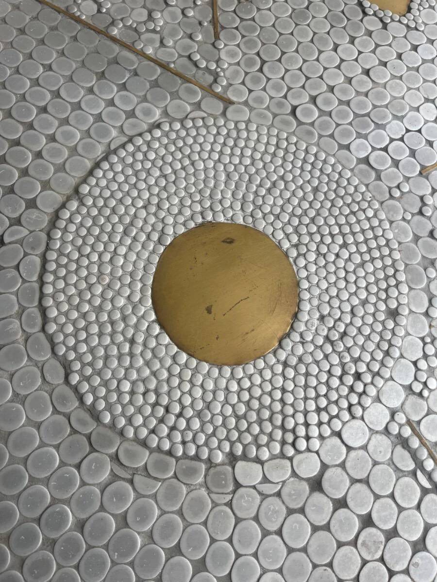 Grey ceramic mosaic top coffee table with dark wood base and brass accents, 1970s