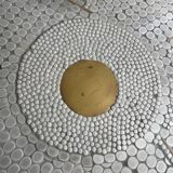 Grey ceramic mosaic top coffee table with dark wood base and brass accents, 1970s