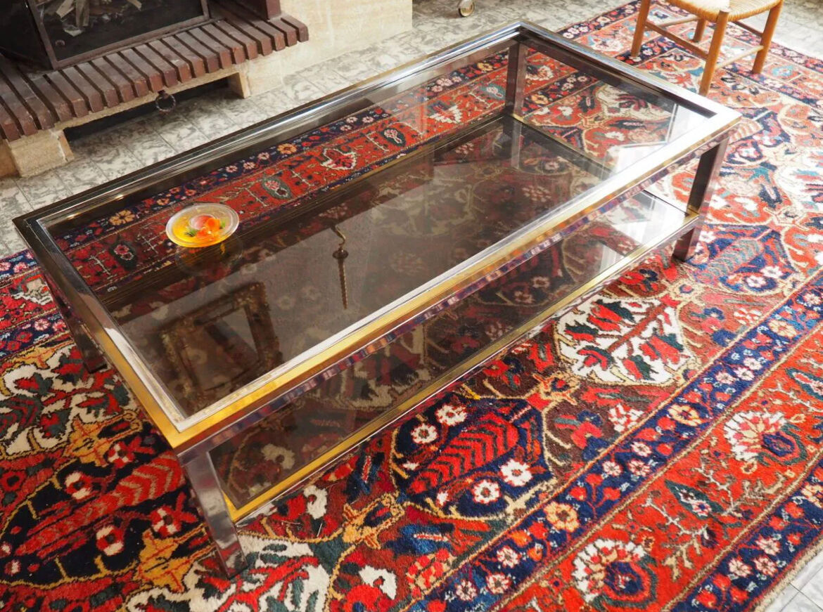 Coffee table glass chrome metal gilded