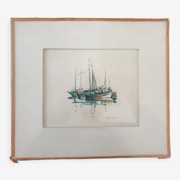 Aquarelle sur papier "Barques au port" Signée en bas à droite, André Duculty (1912-1990)