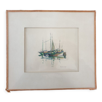 Aquarelle sur papier "Barques au port" Signée en bas à droite, André Duculty (1912-1990)