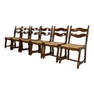 Lot de 6 chaises des années 50 en bois et paille