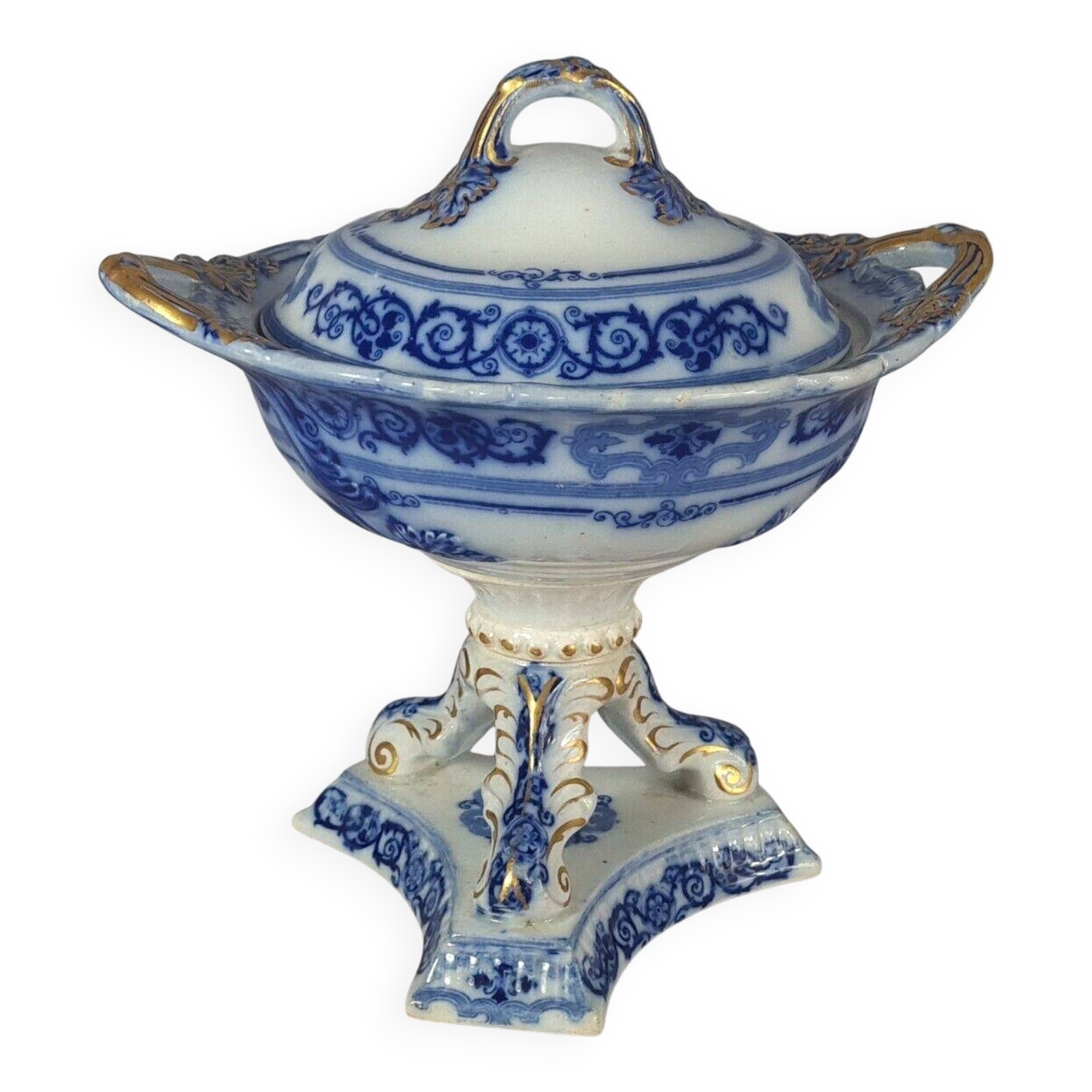 Beautiful covered tripod compote dish in blue and gold earthenware from the late 19th century SC