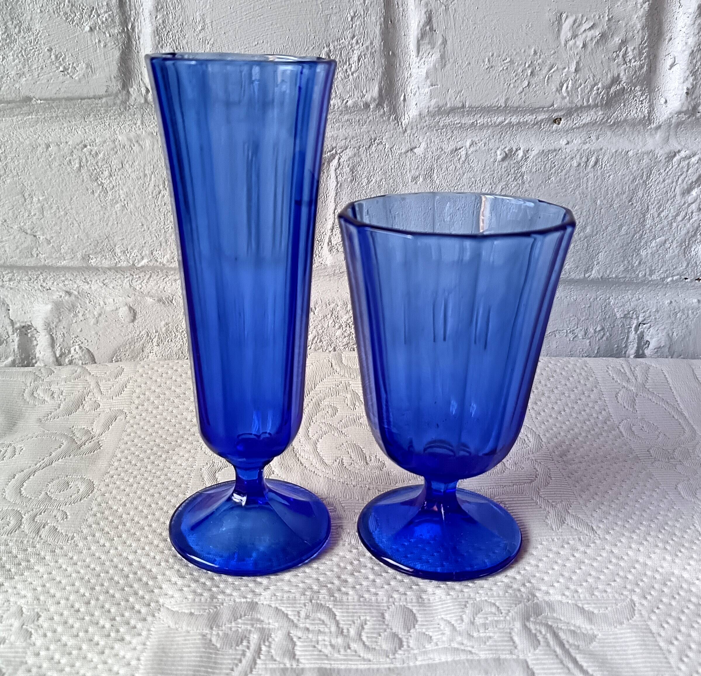 8 vintage aperitif glasses in cobalt blue coloured glass from Portugal.