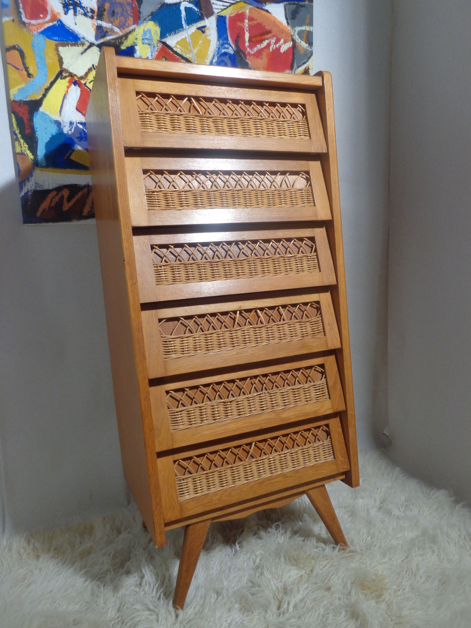 Chest of drawers vintage wood and rattan of the 50 feet compass