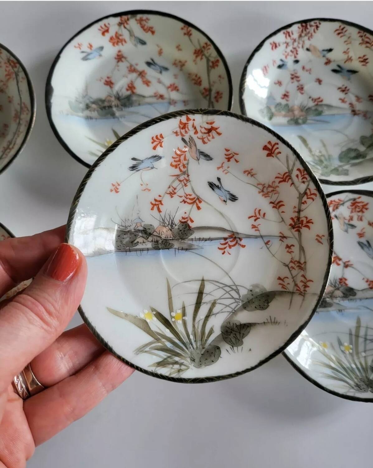 Series of 10 Fine Porcelain Cups and Saucers with Japanese Decor