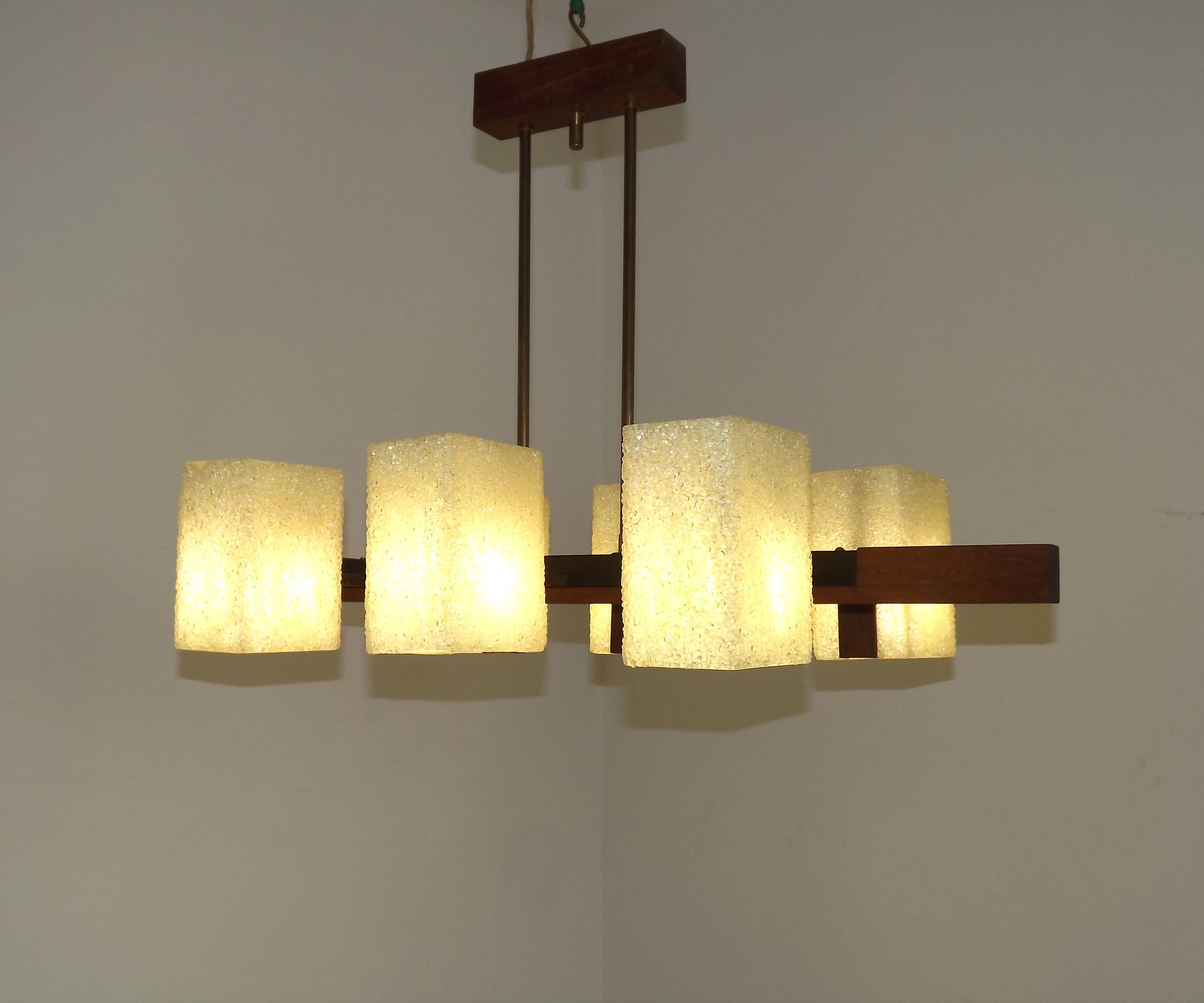 Vintage Retro Scandinavian Style 6 Light Teak Brass & Perspex Chandelier 4444
