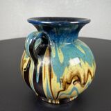 Vase boule à anse noir, marbré jaune bleu