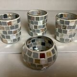 Four mosaic mirror and mother-of-pearl candle holders.