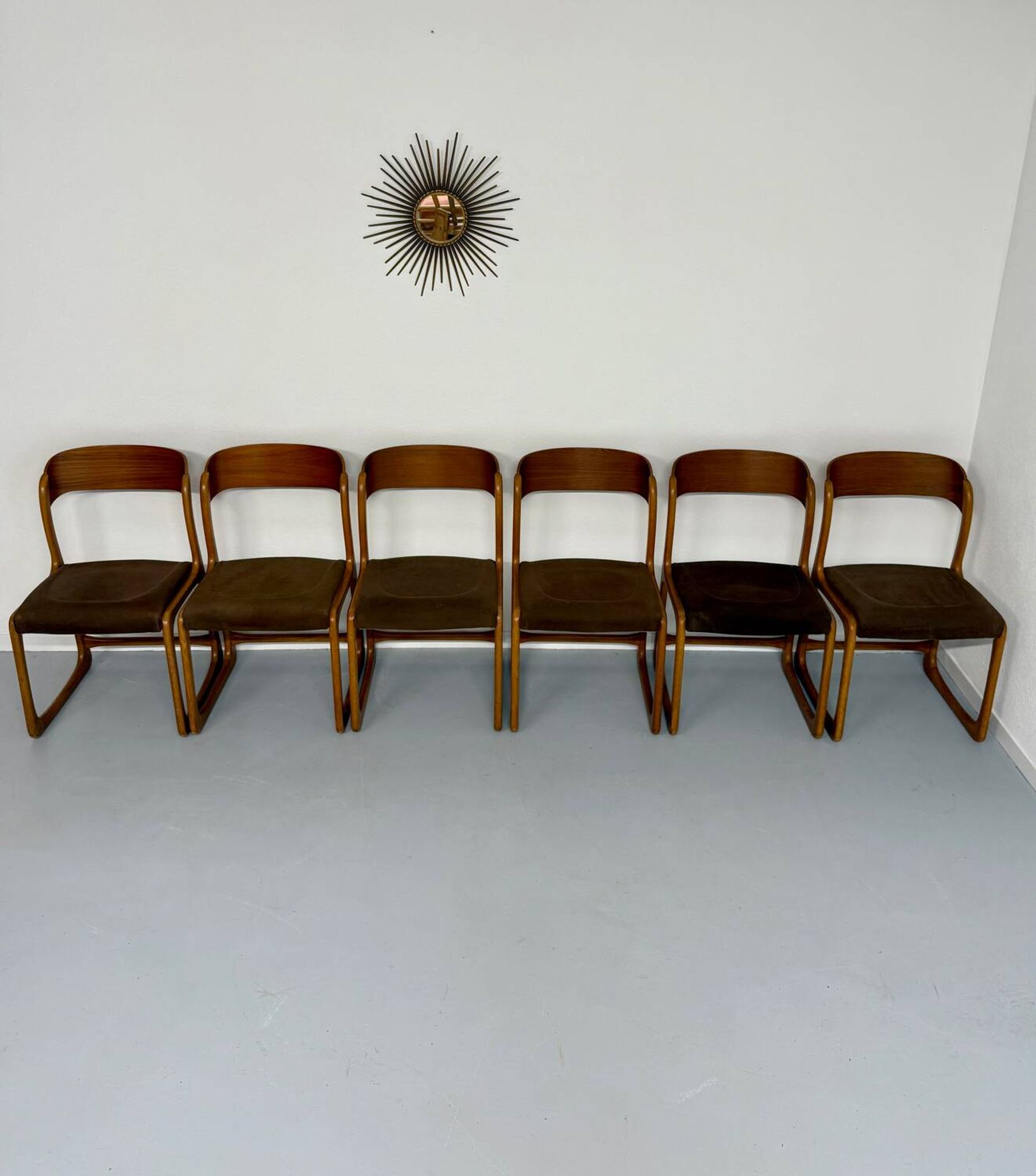 Set of 6 Baumann sleigh chairs in wood and brown fabric, original 1960s
