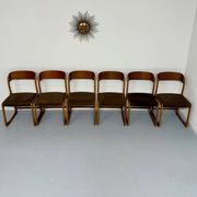 Set of 6 Baumann sleigh chairs in wood and brown fabric, original 1960s