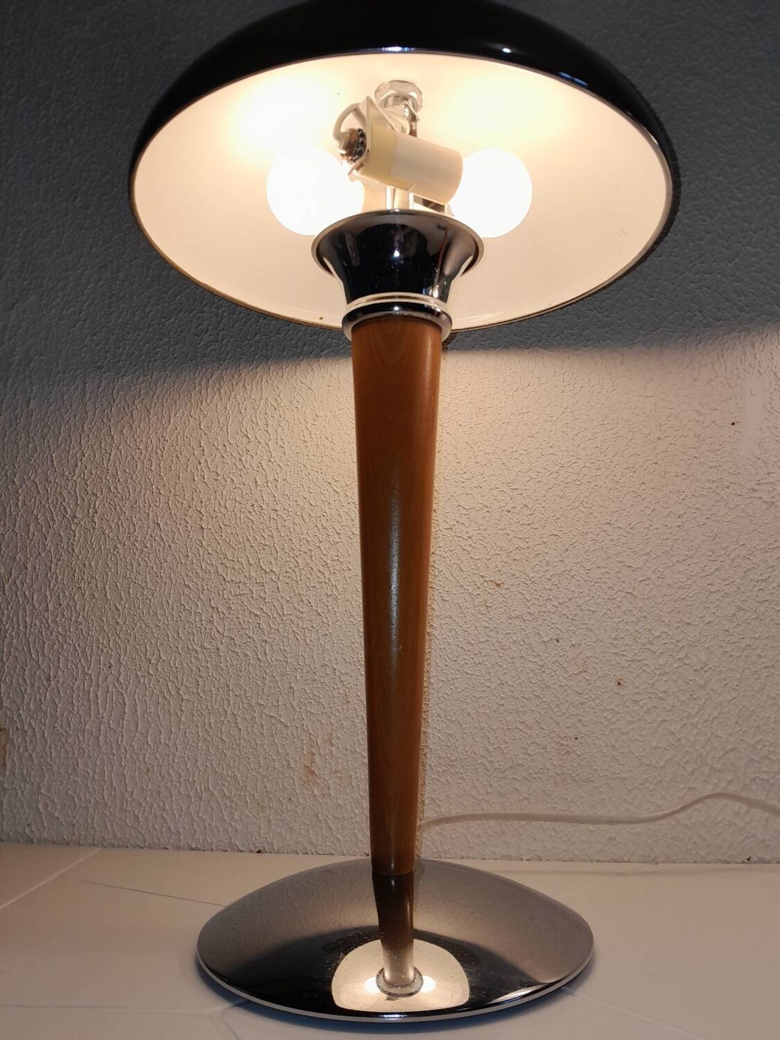 Pair of vintage 1980s wood and chrome ocean liner lamps