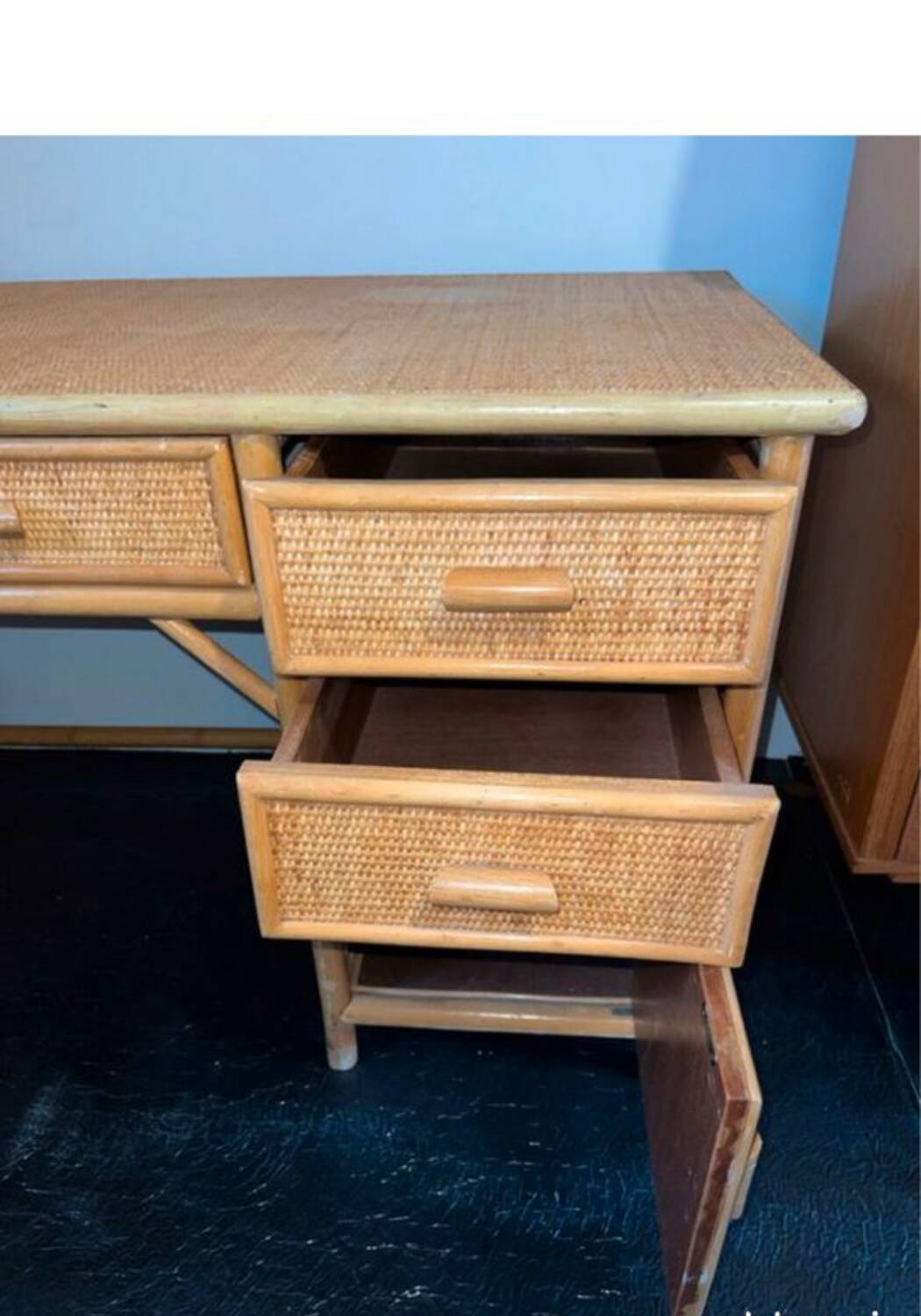 Vintage bamboo rattan woven desk circa 1970