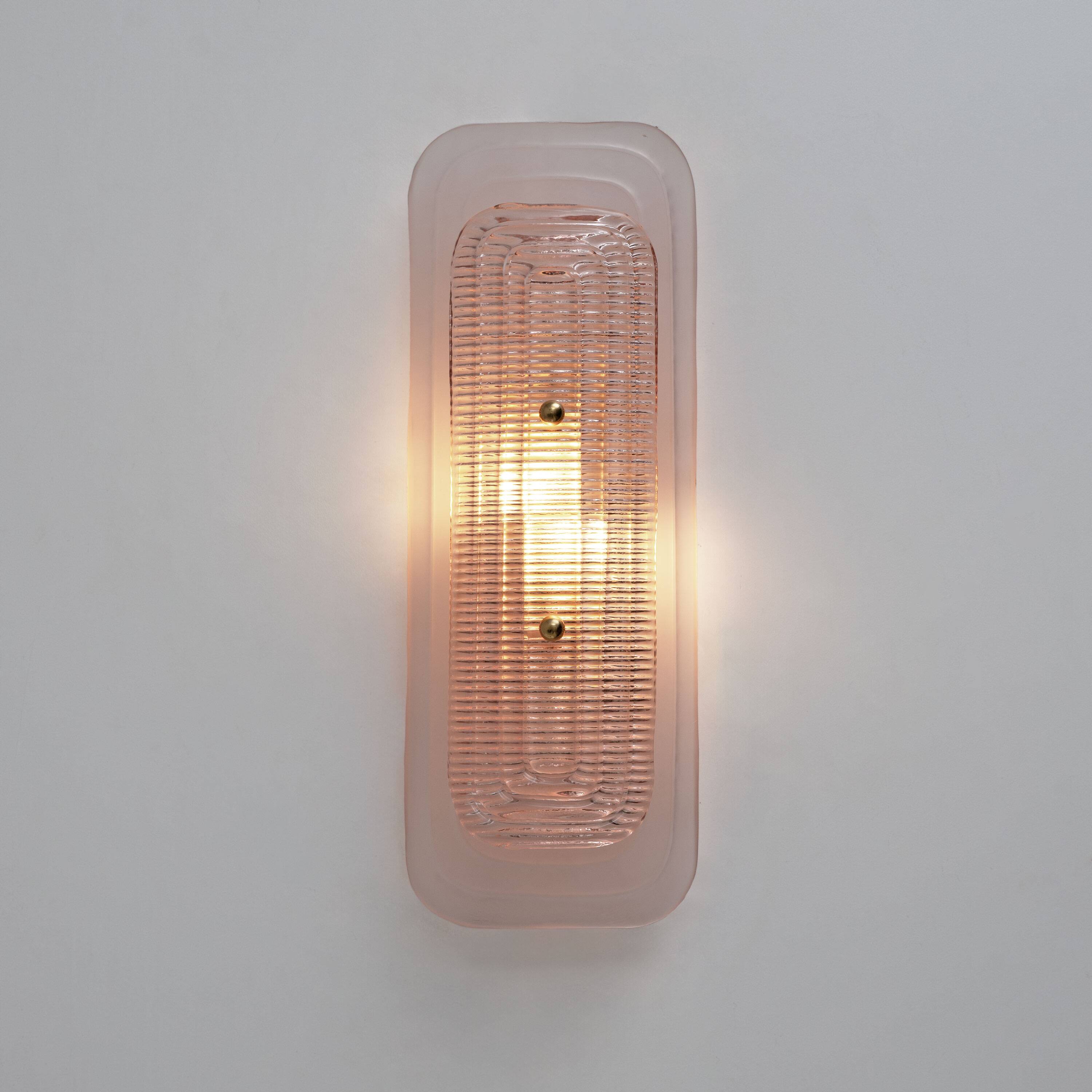 Pair of Art Deco Sconces in Matte and Glossy Pink Murano Glass and Brass