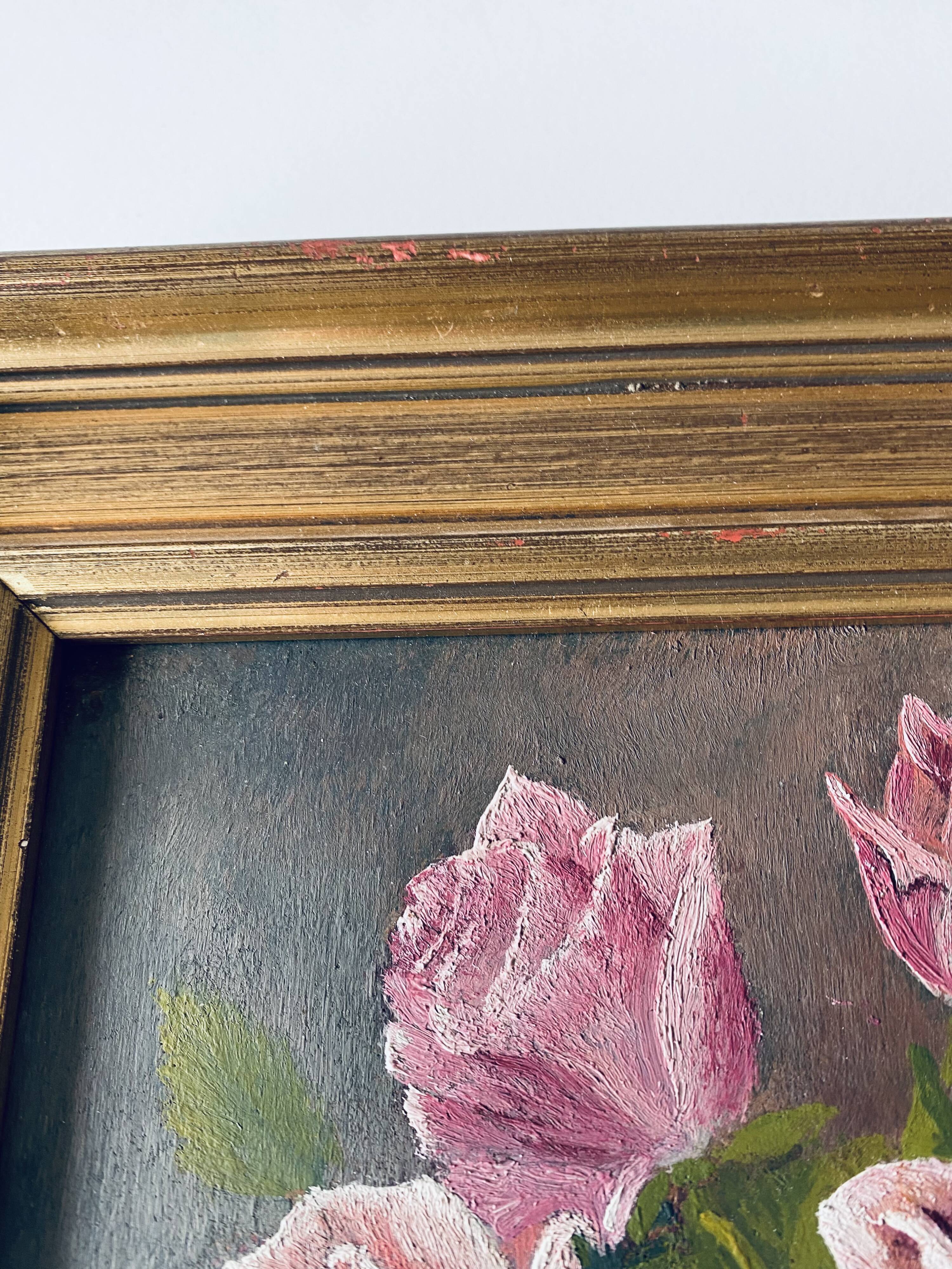 Oil on panel bouquet of flowers framed and signed