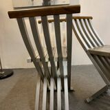 Pair of curule chairs designed by John Vesey, 1958, USA, brushed aluminum, walnut and leather