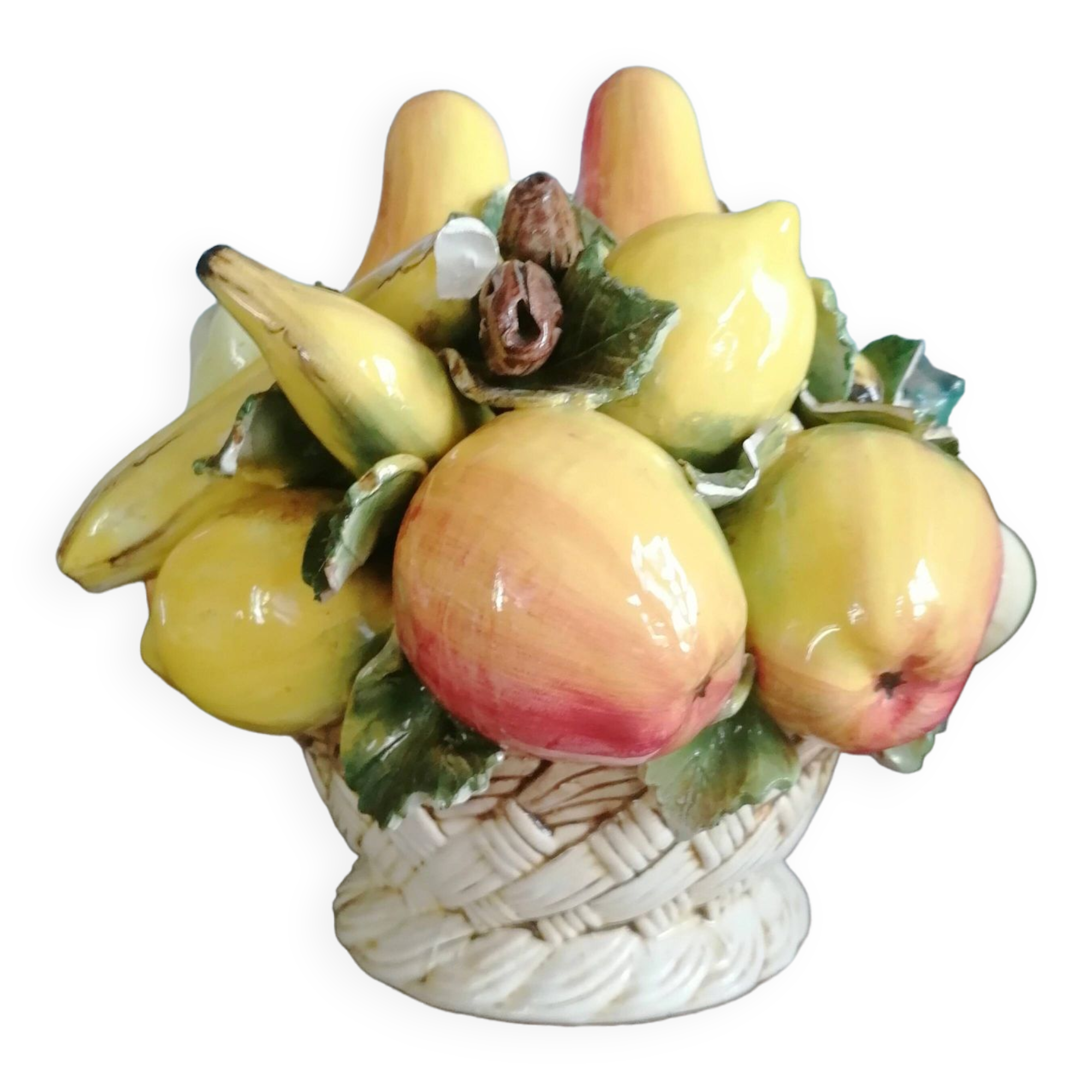 Basket with ceramic fruit decoration