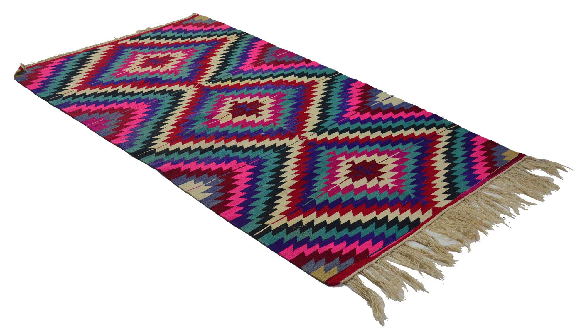 Turkish Kilim Yuruk Vintage 136x245 cm Geometric Pink Green Purple