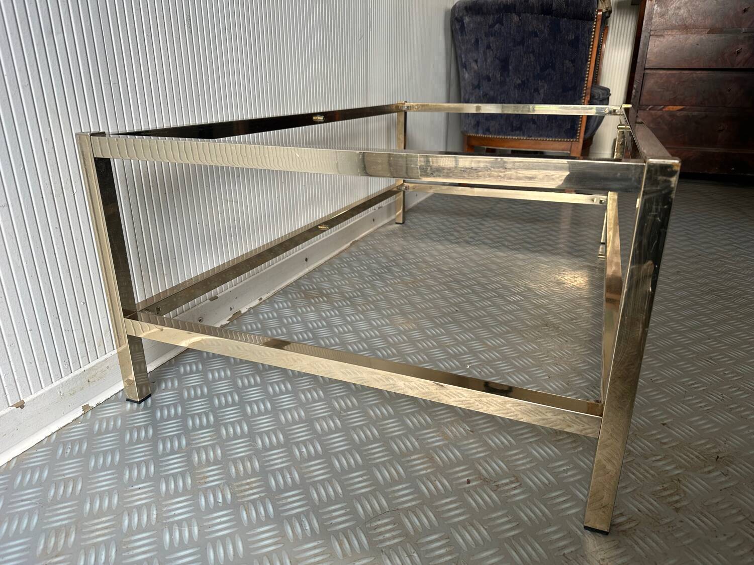 Grande table basse vintage verre et laiton – années 1960-1970
