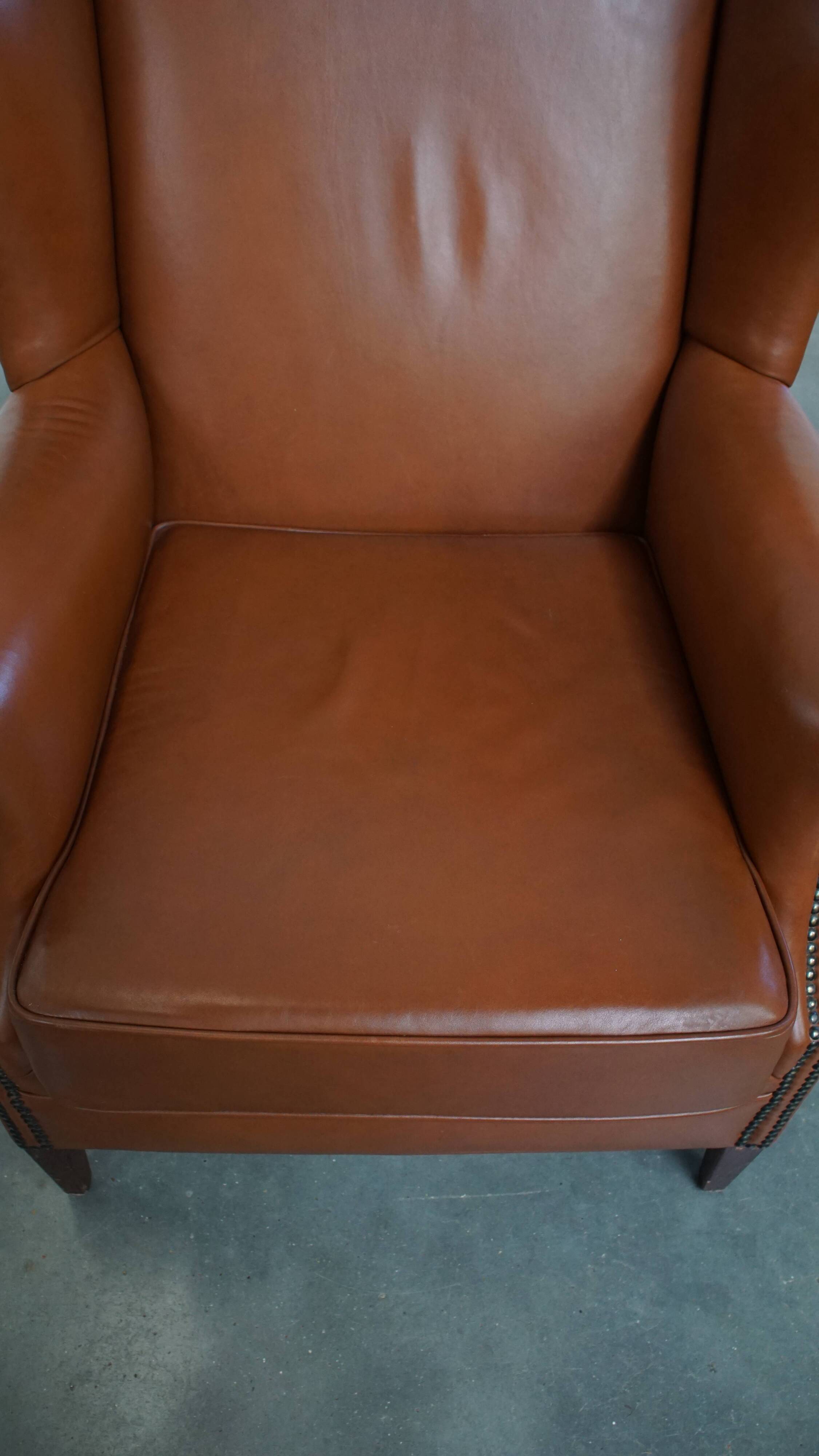 Cognac-Colored Cowhide Leather Wingback Chair in English Style