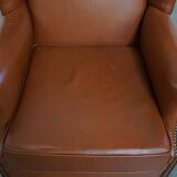 Cognac-Colored Cowhide Leather Wingback Chair in English Style