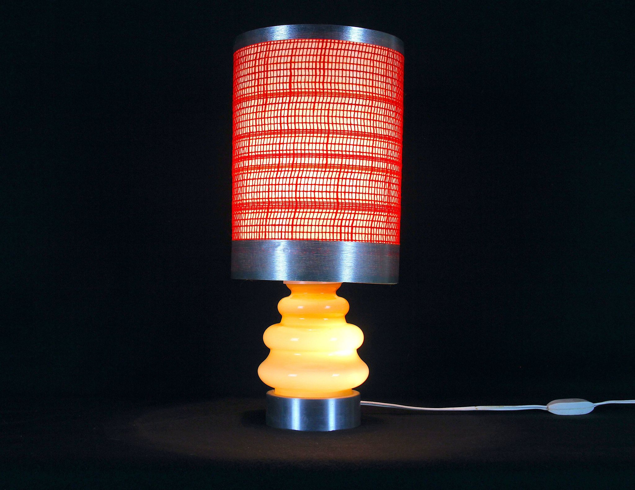 Seventies chrome & ceramic lamp, with original wool lampshade, France 1970s