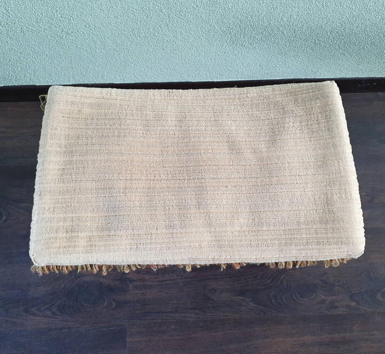 Vintage wooden footrest with 1970 fringed fabric coating