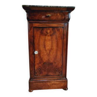 Antique Louis-Philippe style bedside table with walnut veneer and marble top