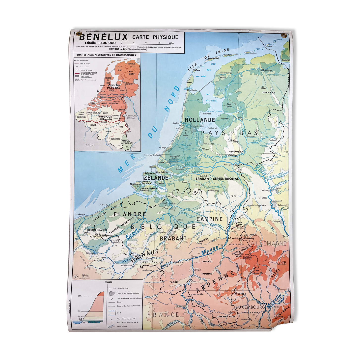 Carte scolaire vintage benelux / les îles britanniques mdi année 1968 ~