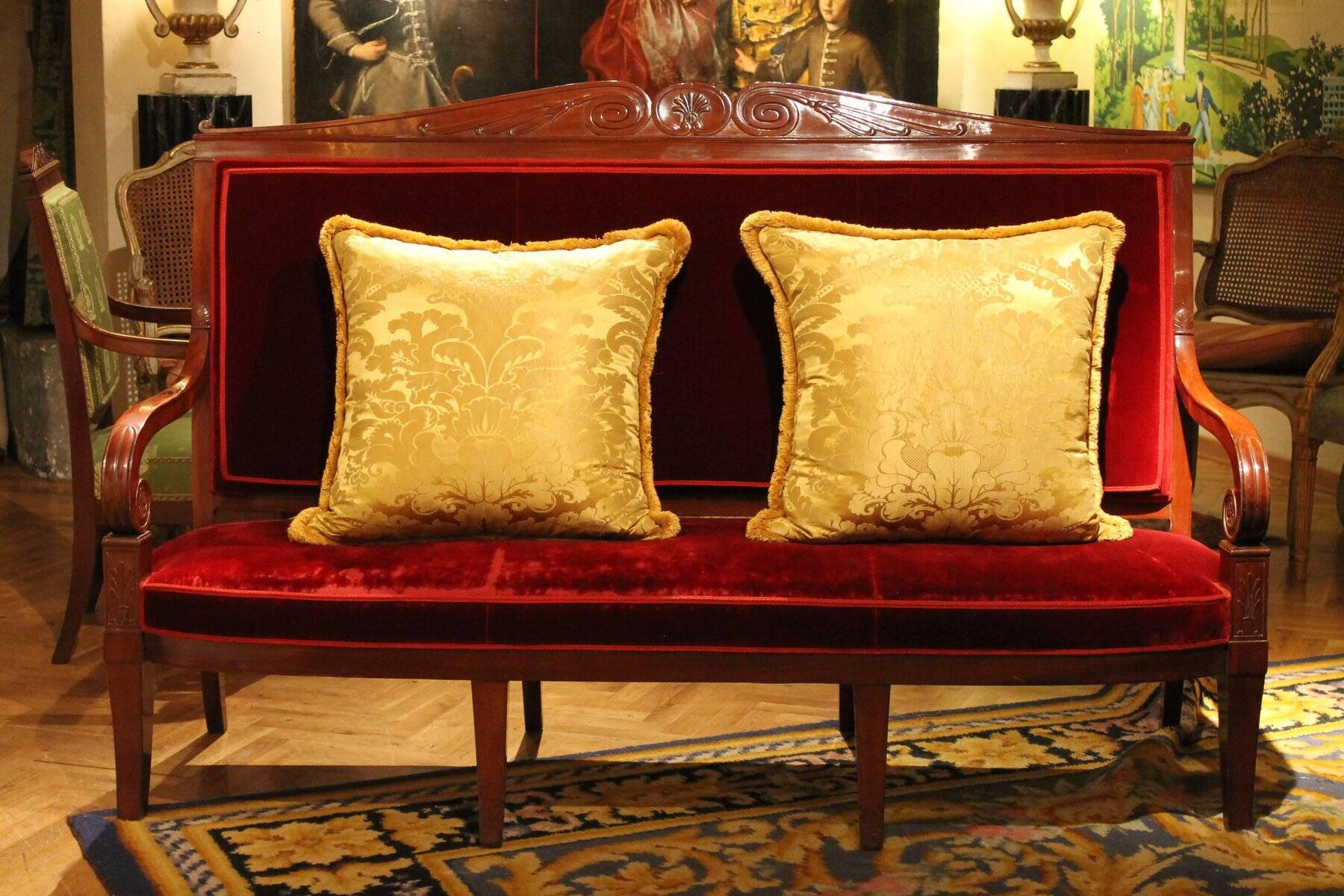 18th Century French Hand Carved Mahogany Upholstered Sofa in the style of George Jacob