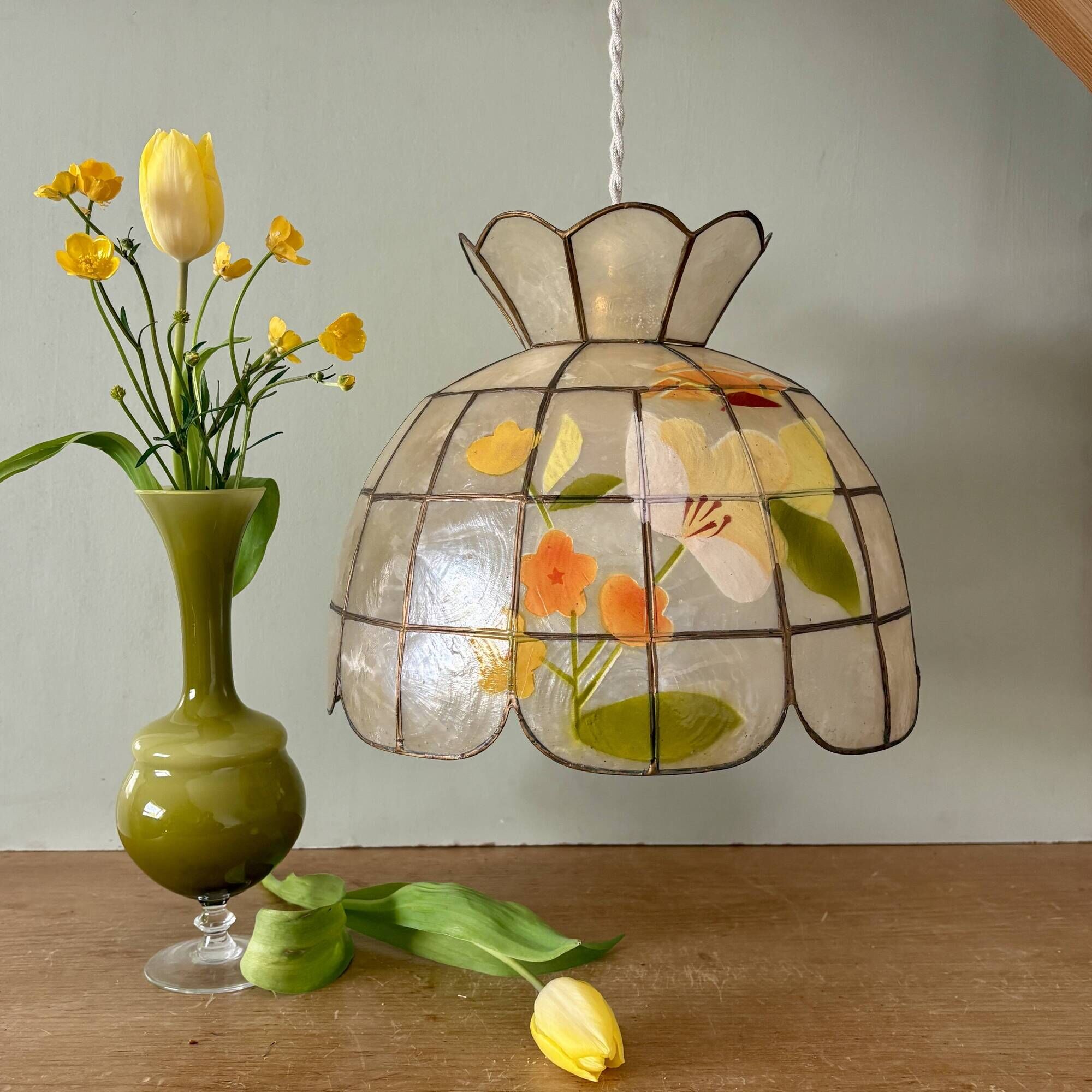 Vintage mother-of-pearl and brass lampshade pendant light with flower decorations